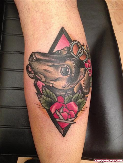 Jack Russel And Flower Tattoo On Knee