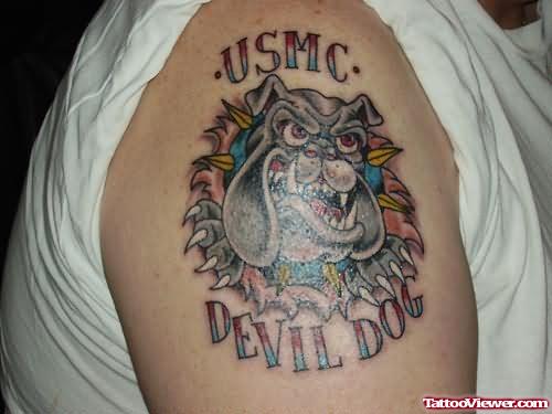 USMC Devil Dog Tattoo On Shoulder