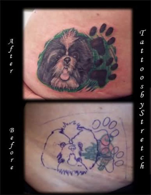 Dog Face And Paw Prints Tattoo