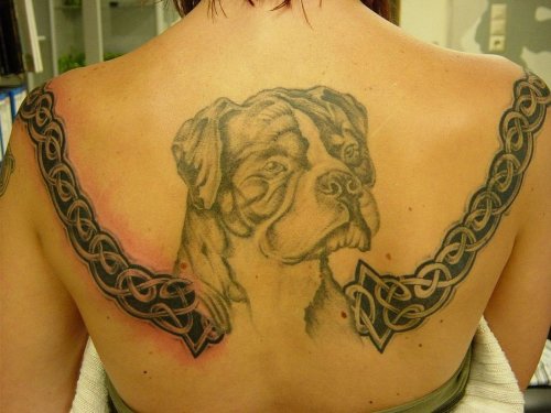 Celtic And Dog Portrait Tattoo On Back