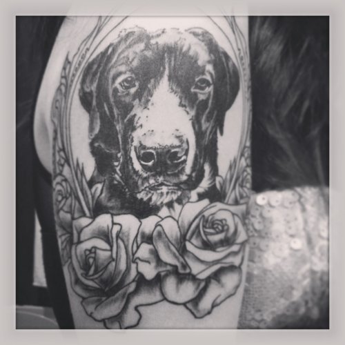 Grey Flowers and Dog Tattoo On Half Sleeve