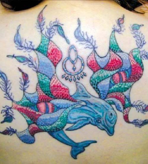 Colorful Dolphin Tattoos On Back Shoulder