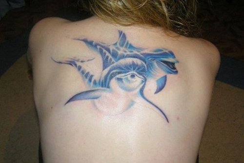 Blue Dolphin Tattoos On Girl Upper Back