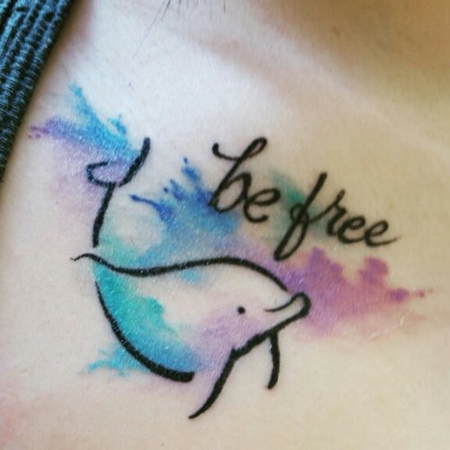 Watercolor Be Free Dolphin Tattoo On Chest