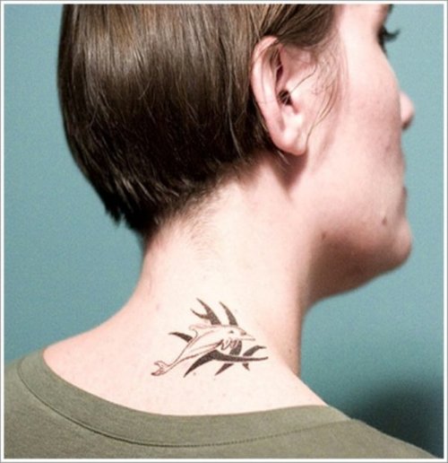 Simple Dolphin Tattoo On Back Neck