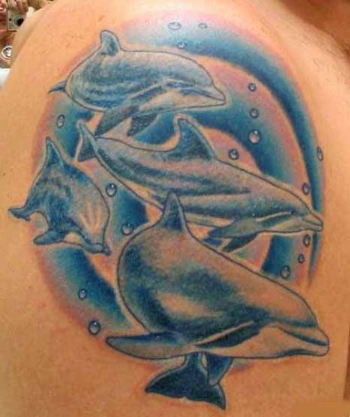 Nice Blue Ink Dolphins Under Sea Tattoo On Shoulder