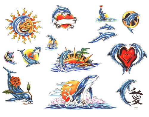 Colored Dolphin Sun Moon Tattoos Design