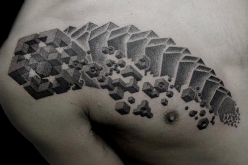 Wonderful Grey Ink Dotwork Tattoo On Man Chest