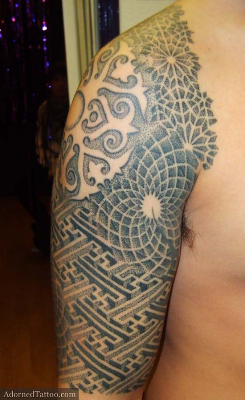 Grey Ink Dotwork Tattoo On Half Sleeve