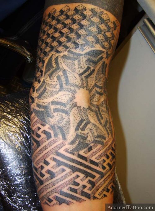 Awful Grey Ink Dotwork Tattoo On Right Sleeve