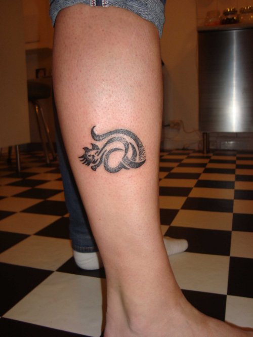 Tribal Cat Dotwork Tattoo On Right Leg