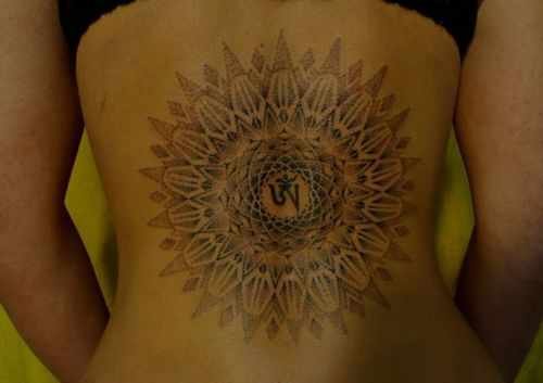 Large Flower Dot Work Tattoo On Girl Back Body