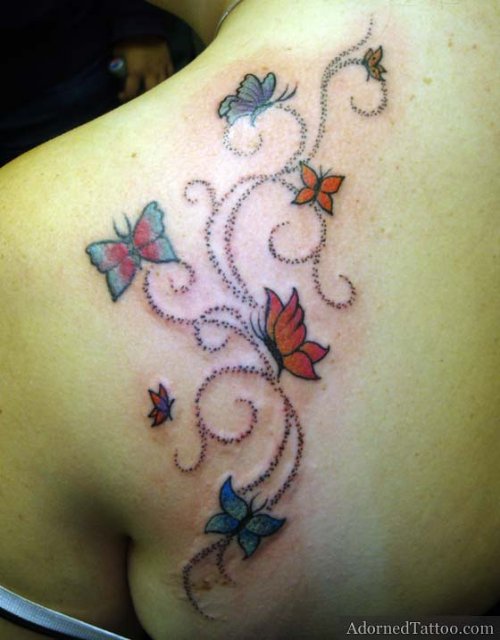 Color Butterflies Dotwork Tattoo On Left Back Shoulder