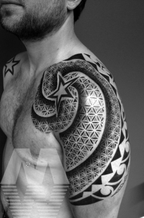 Cute Dotwork Tattoo On Man Left Shoulder