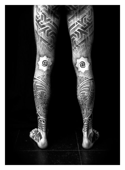 Dotwork Tattoos On Man Back Legs