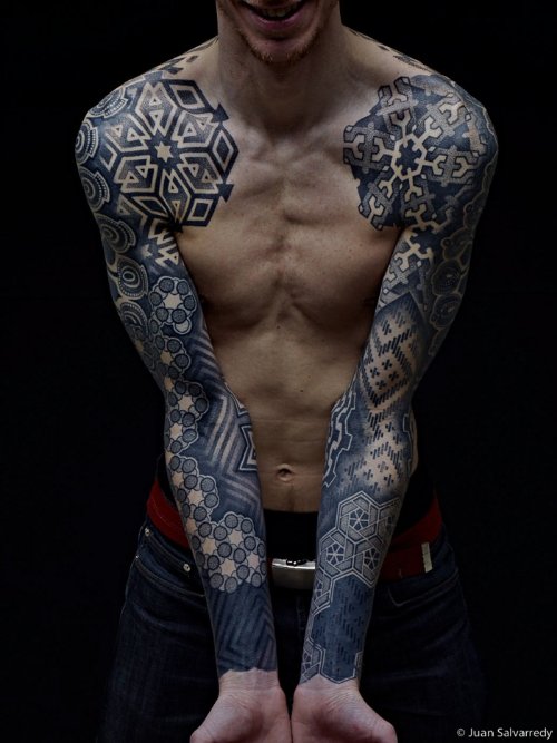 Black Ink Dotwork Tattoos On Man Both Sleeve