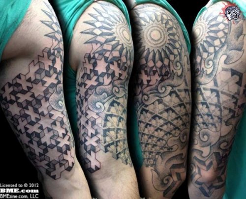 Grey Ink Dotwork Tattoo On Half Sleeve For Men