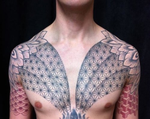 Grey Ink Dotwork And Flowers Tattoos Design For Chest