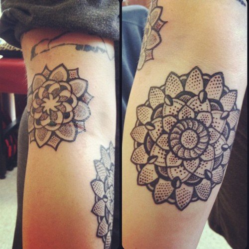 Awesome Grey Ink Dotwork Tattoo On Sleeve