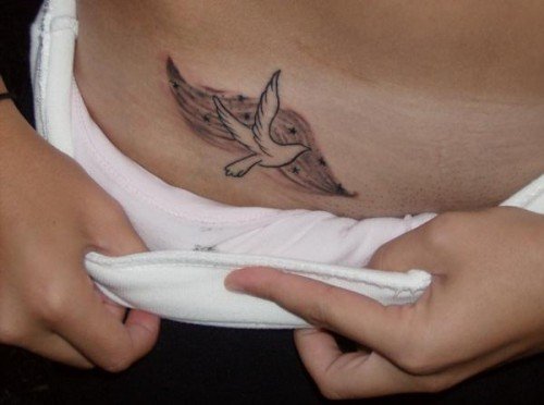 Grey Ink Dove Tattoo On Right Hip
