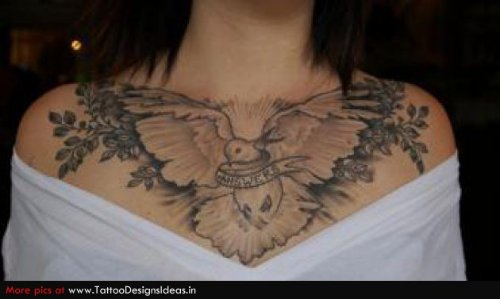 Grey Ink Dove With Banner Tattoo On Chest