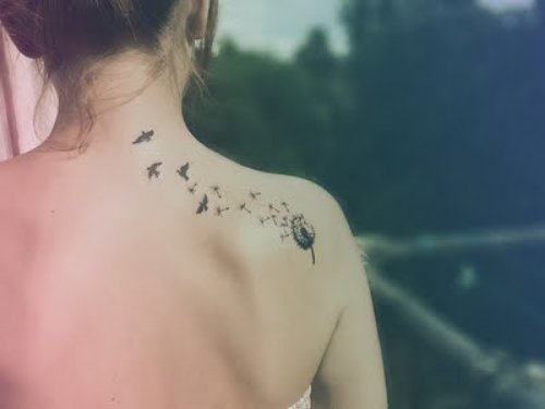 Birds Flying From Dandelion Puff Dove Tattoos On Back Shoulder