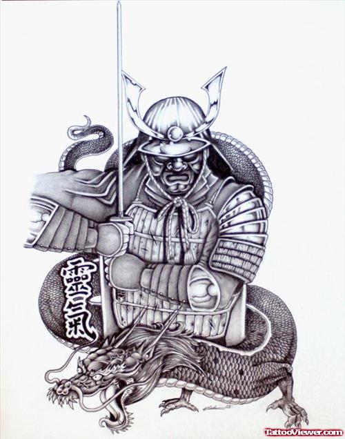 Japanese Dragon And Warrior Tattoo Design