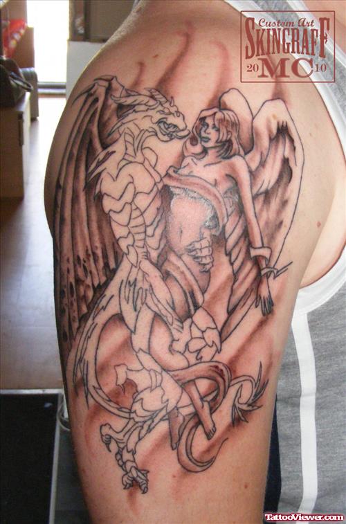 Grey Ink Dragon And Angel Tattoos On Right Half Sleeve