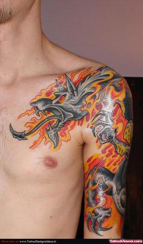 Dragon And Fire Tattoo On Chest And Left SHoulder