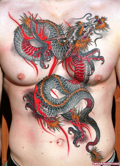 Colorful Japanese Dragon Tattoo On Man Chest