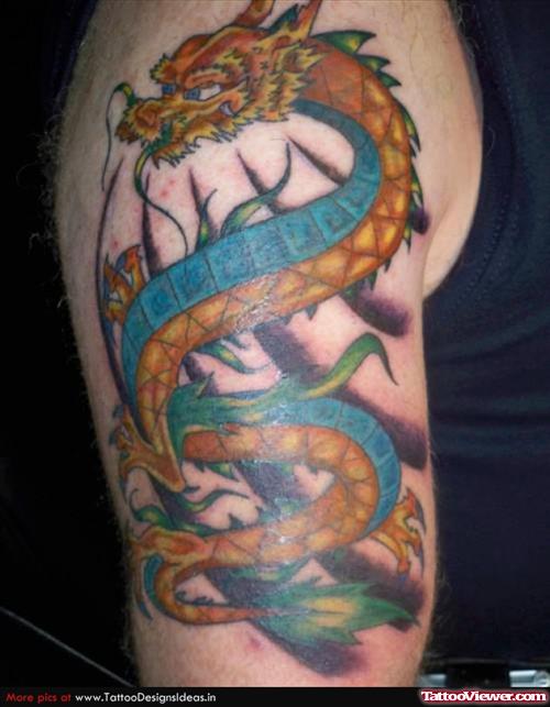 Colored Dragon Tattoo On Right Half Sleeve