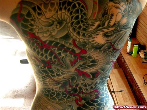 Best Grey Ink Dragon Tattoo On Back Body
