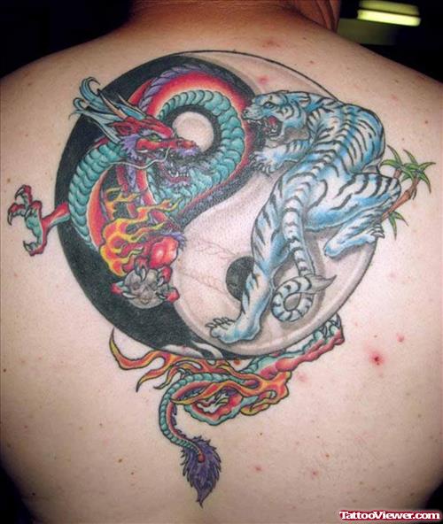 Yin Yang Tiger And Dragon Colored Ink Tattoos On Back