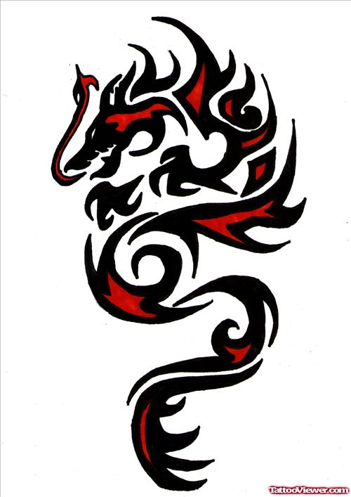 Tribal Red And Black Ink Dragon Tattoo Design