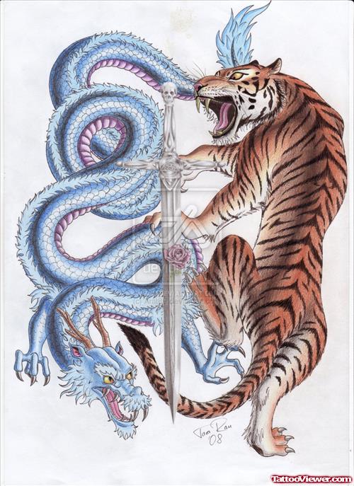 Tiger And Dragon Color Tattoo Design