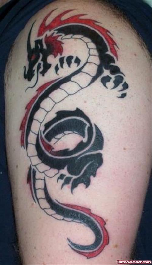 Red And Black Ink Dragon Tattoo On Left Half Sleeve