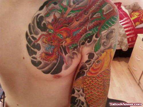 Koi And Dragon Color Ink Tattoos