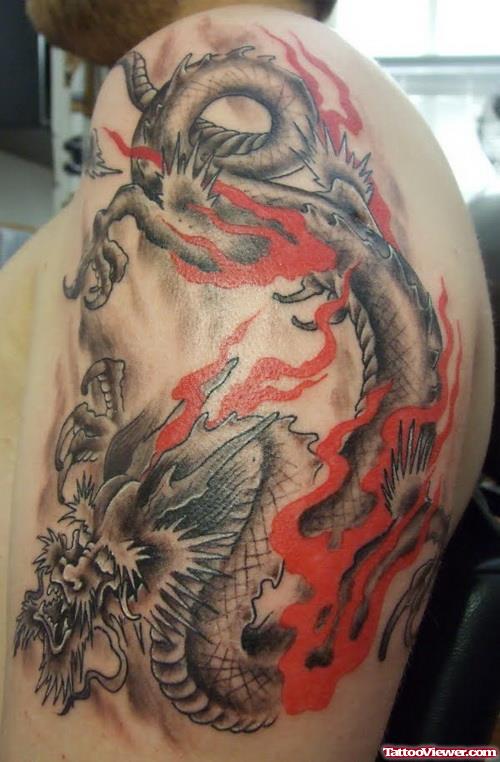 Japanese Dragon Tattoo On Man Left Shoulder