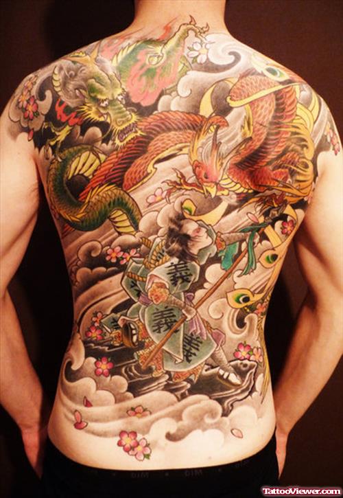 Japanese Dragon And Samurai Color Ink Tattoos On Back