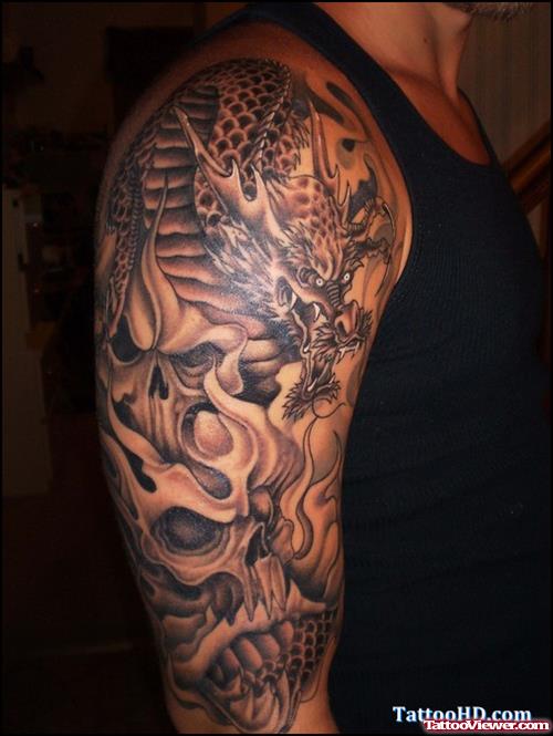 Grey Ink Dragon Tattoo On Right Half Sleeve