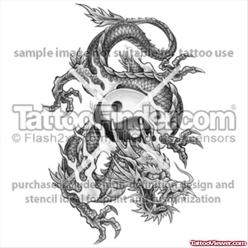 Grey Ink Dragon And Yin Yang Tattoo Design
