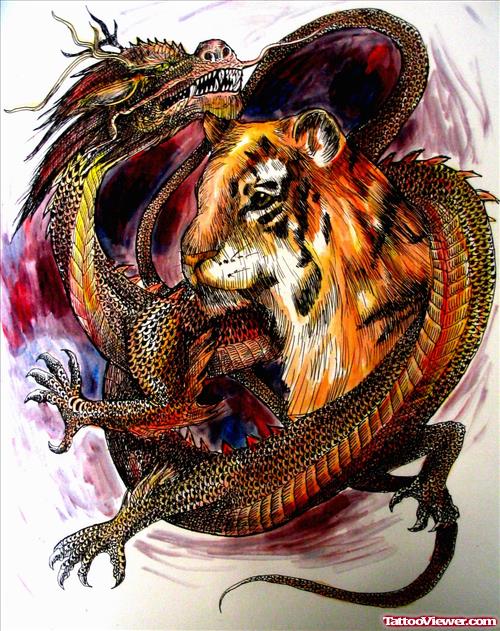Dragon And Tiger Color Ink Tattoo Design