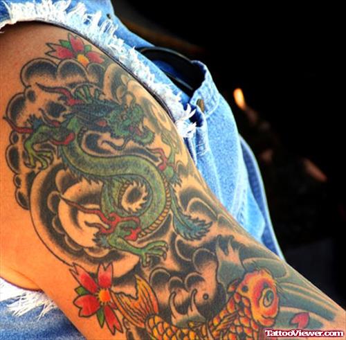 Colorful Dragon Tattoo On Right Sleeve