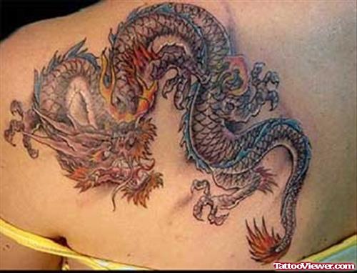 Color Ink Dragon Tattoo On Left Back Shoulder