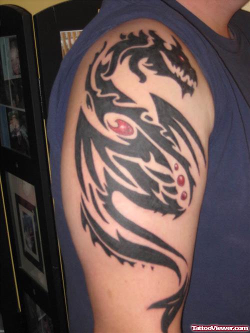 Black Tribal Dragon Tattoo On Half Sleeve