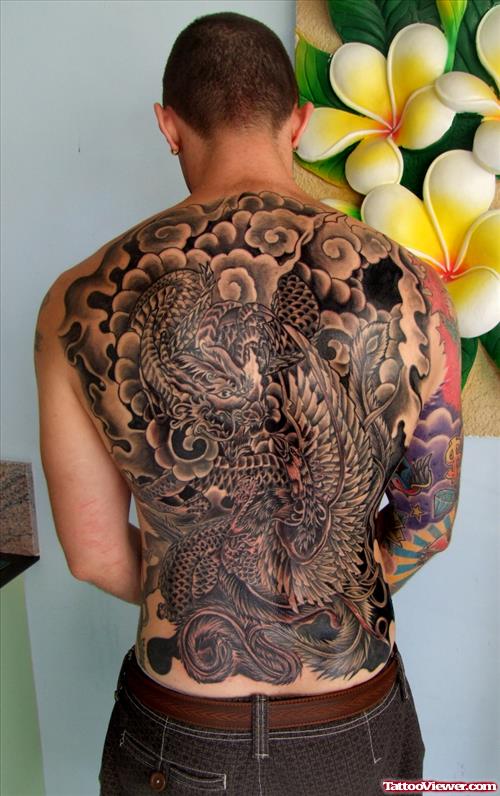 Beautiful Full Back Grey Ink Dragon Tattoo