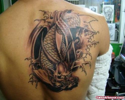 Unique Grey Ink Dragon Tattoo On Back Body