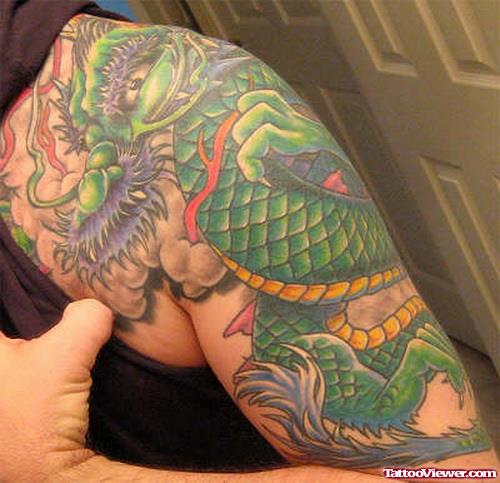 Green Ink Maculine Dragon Tattoo