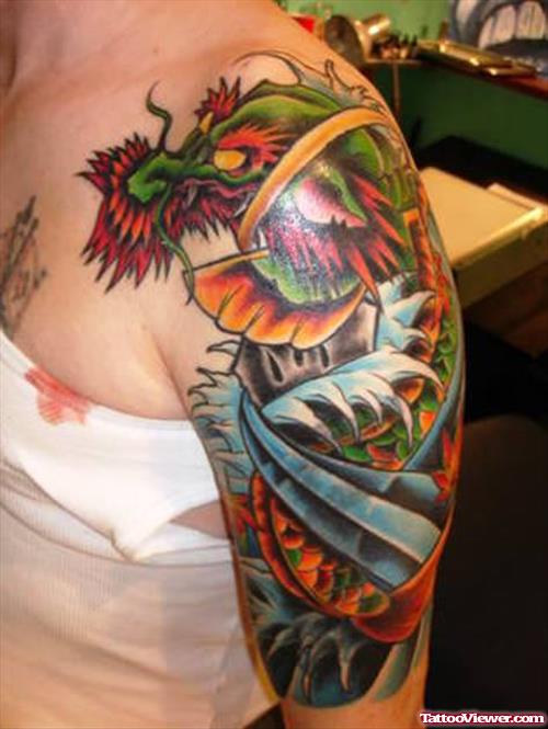 Colored Dragon Tattoo On Left Shoulder