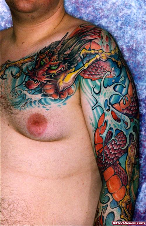 Colored Dragon Tattoo On Left Chest And Sleeve